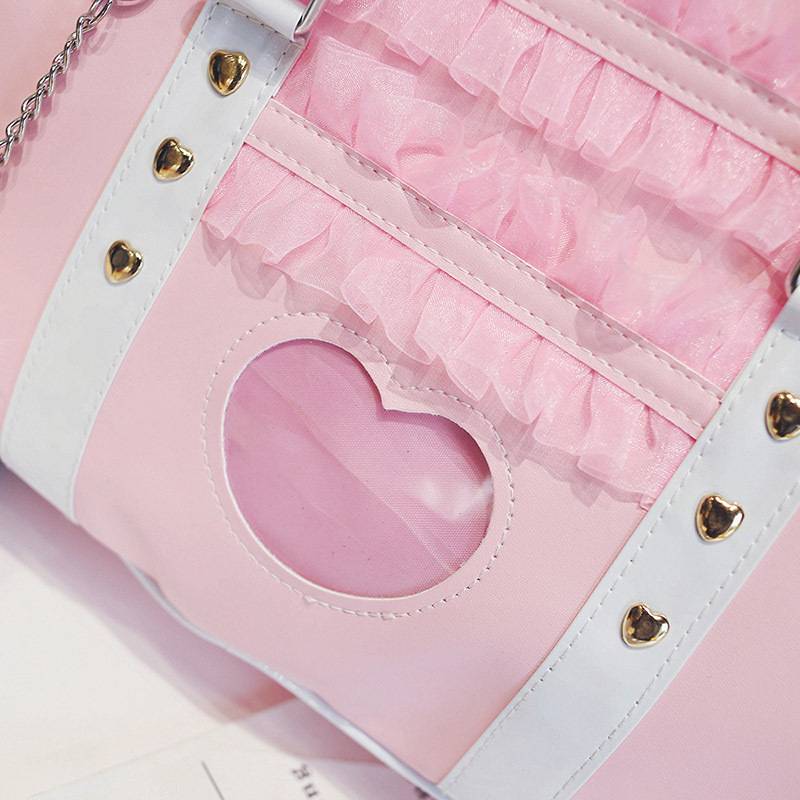Women's Pink Kawaii Shoulder Bag with Lace Details